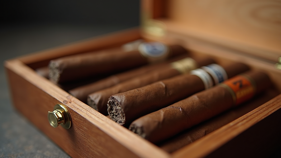 Eye-level view of a wooden humidor filled with premium cigars