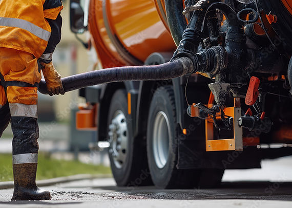 man connecting septic pipe to the truck