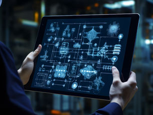 Manos sostienen una tablet con diagramas técnicos en pantalla. Fondo borroso de laboratorio, colores azulados, sensación de tecnología avanzada.
