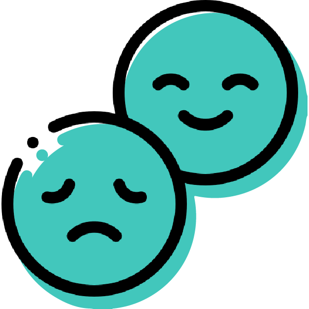 Dos emoticonos superpuestos: uno triste a la izquierda y uno feliz a la derecha. Son de color turquesa sobre fondo blanco.