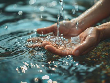 anos sostienen agua clara que cae en un fondo acuático. El agua brilla con luces reflejadas, creando una atmósfera serena.