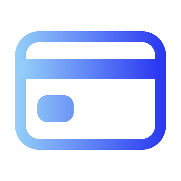 Blue gradient credit card icon on a white background, featuring a simplified card design with a stripe and chip shape.