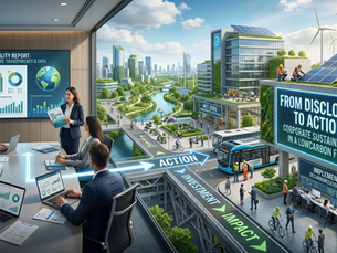 Corporate board discussing sustainability governance, transitioning from ESG disclosures to actionable strategies in a low-carbon future.