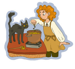 whimsical digital illustration of a red-headed person and their cat familiar adding some parsley to a soup that is bubbling in a copper pot