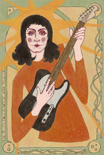 art nouveau style illustration of Cindy Lee, wearing an orange sequined dress and holding a black fender telecaster guitar