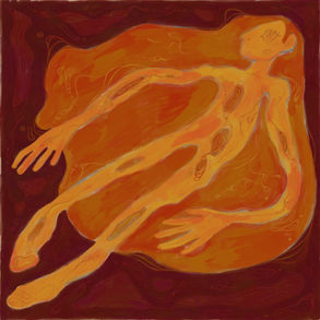 painterly illustration of a liquidy body floating in a deep red space
