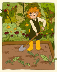whimsical digital illustration of a red-haired person wearing yellow boots shoveling dirt in a garden, tending to their kale, surrounded by trees, bushes, flowers, and vines