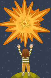full page illustration for a science museum pamphlet of a child reaching up toward a yellow and orange star that is bursting with light, surrounded by dark blue space