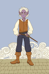 whimsical full-body illustration of a half-drow elf pirate with a cloud sea background, developed from a Dungeons & Dragons character