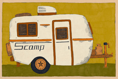 digital illustration of an orange and white scamp camper trailer