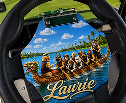Personalized golf cart steering wheel, clipboard, showing dogs rowing a dragon boat with the name Laurie