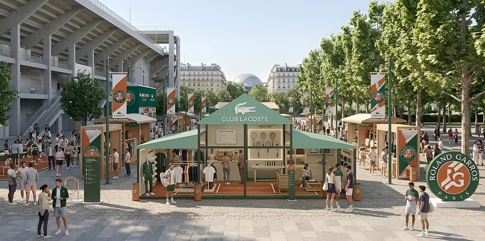 Pavillon pop-up store Lacoste à Roland Garros. Location structure événementielle, Location structure éphémère, Stand salon sur mesure, Scénographie événement.