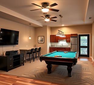 a community center room with a TV, pool 
