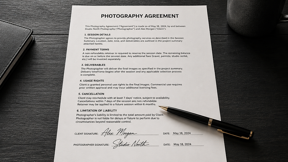 Overhead view of a signed photography agreement on a wood desk with a pen across it, illustrating the importance of a written contract for every paid photography session.