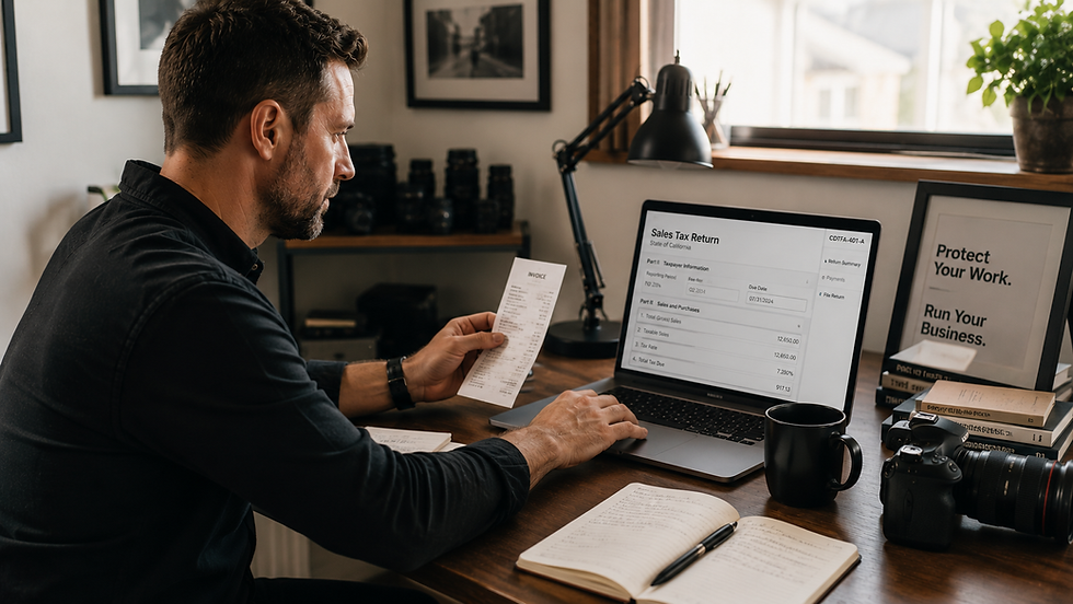 A working portrait photographer at his desk reviewing a printed receipt and a state sales tax return on a laptop, with photography gear and a Protect Your Work, Run Your Business framed poster visible. Illustrates the back-office side of running a sales tax-compliant photography business.