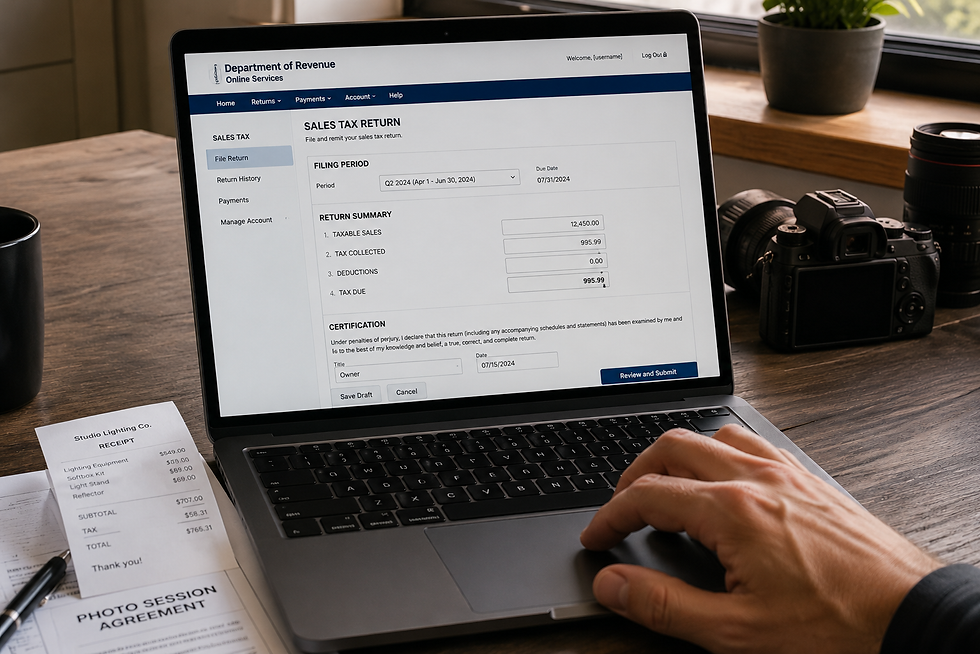 A laptop displaying a state Department of Revenue Sales Tax Return form with taxable sales and tax-collected fields, alongside printed receipts and a session agreement on a wood desk. Illustrates the quarterly sales tax filing process for working photographers.