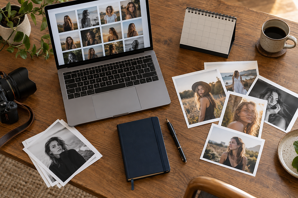 Illustrative editing desk with portrait selections, a calendar and a laptop.
