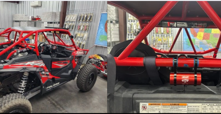 Collage of ATV inside Vapor Trapper garage and detailed close-up of charcoal fuel vent filter install to eliminate gas fumes.