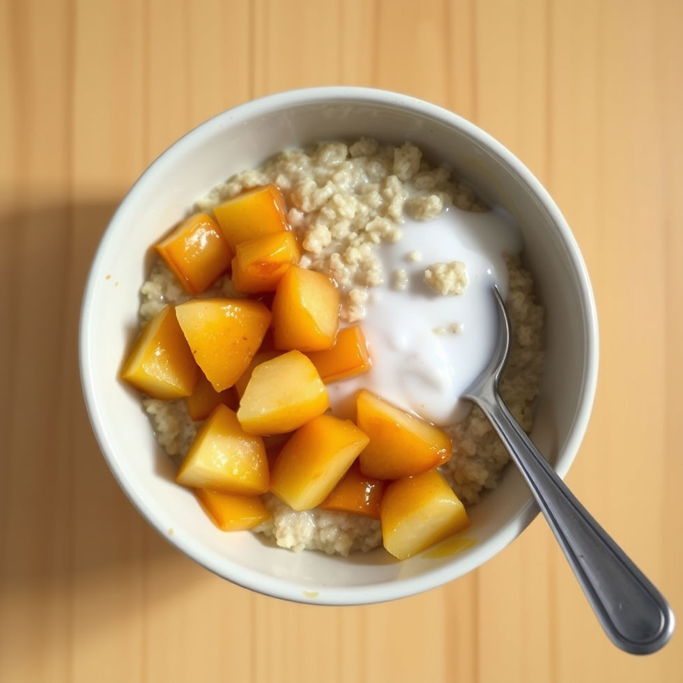 Bowl of oatmeal topped with diced baked pears and milk, with a spoon on the side. Wooden table background, warm and inviting mood.