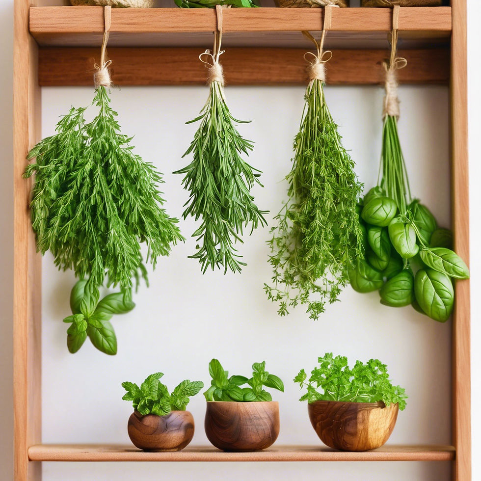 Hanging herbs in a kitchen on a wooden rack, with fresh herbs in small wooden bowls below. Bright, green, and lush setting.