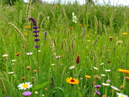 Wildflower meadow with diverse blooms in purple, yellow, and white. Tall grasses sway gently under a cloudy sky, evoking peace.
