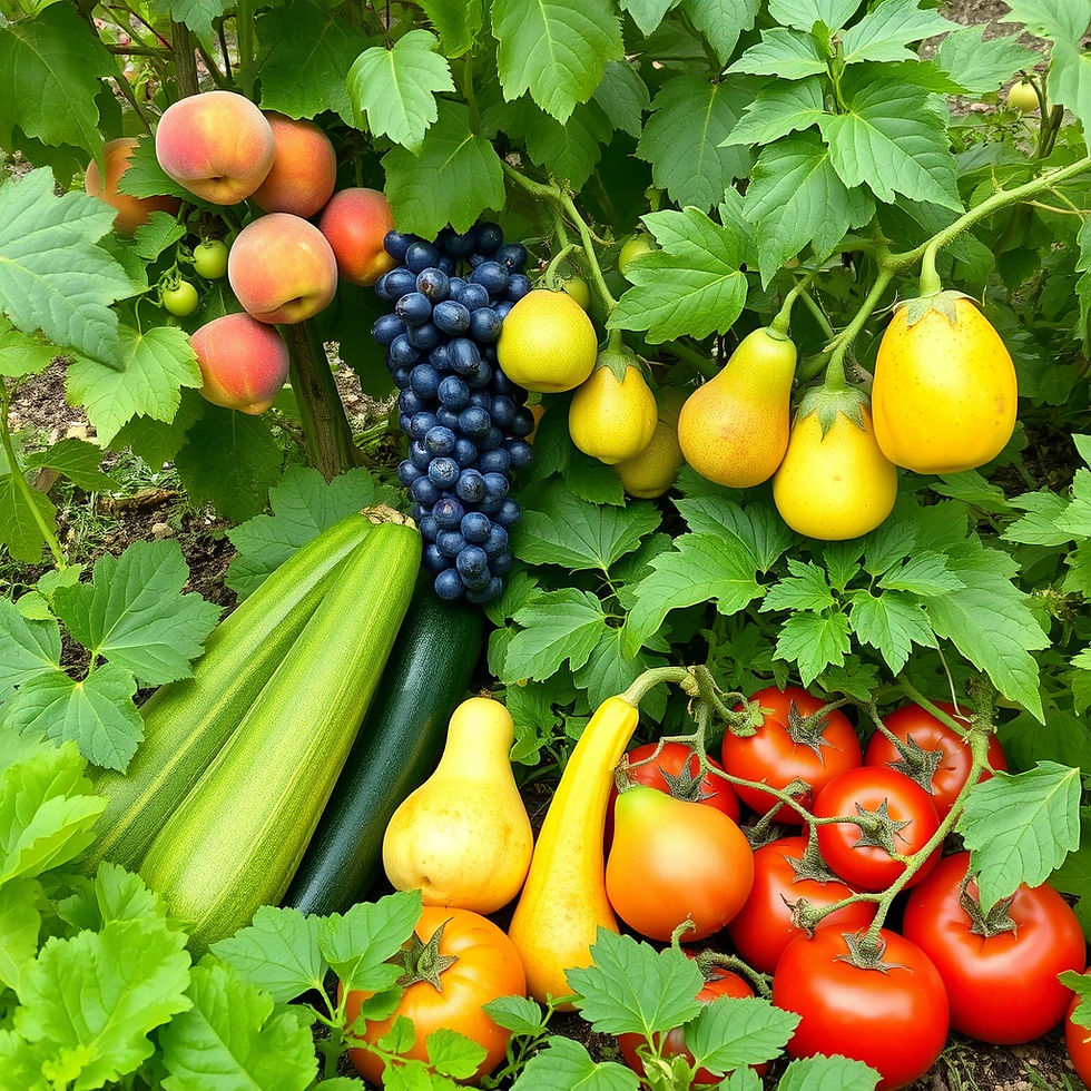 Assorted fruits and vegetables, including grapes, pears, tomatoes, zucchini, and peaches, nestled in lush green leaves in a garden setting.