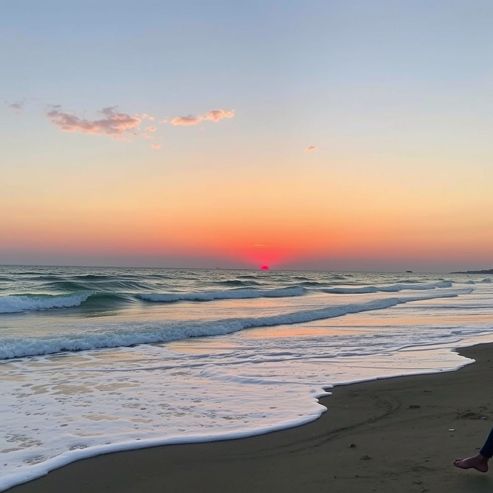 Sunset over calm ocean waves washing onto a dark sandy beach, with pink-orange sky and a partial person at the right edge.