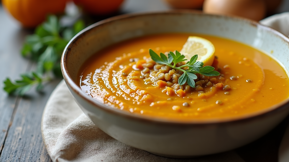 High angle view of a bowl of golden autumn squash and lentil soup with fresh herbs and lemon wedge