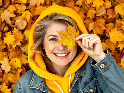 A middle-aged woman smiling, lying on yellow autumn leaves, wearing a yellow hoodie and denim jacket, playfully covering one eye with a maple leaf.