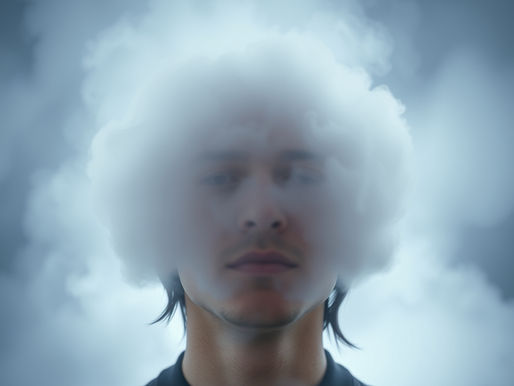 Young man in a dark shirt, face obscured by a cloud of vapor against a misty blue background, creating a surreal mood.