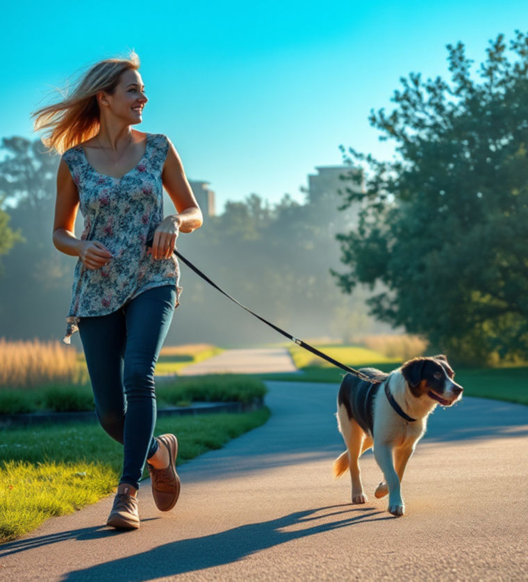 Woman in floral top walks a dog on a leash in a sunny park, with green trees and a clear blue sky in the background, exuding happiness.