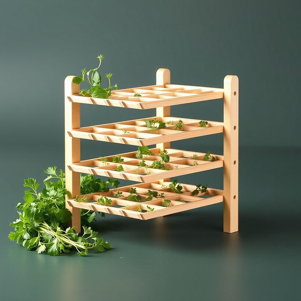 Wooden herb drying rack with parsley and cilantro on a dark green background, fresh green sprigs scattered below.