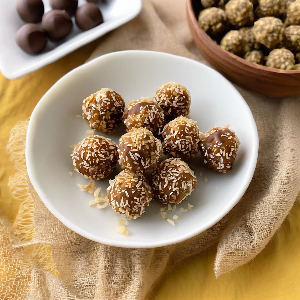 Plate of coconut-covered herbal balls with coconut flakes on yellow fabric. More treats in background, creating a cozy dessert scene.