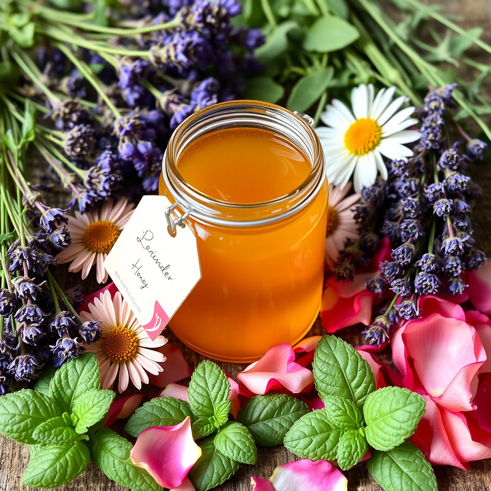 Jar of honey with a lavender tag, surrounded by lavender sprigs, daisies, pink petals, and mint leaves on a wooden surface.