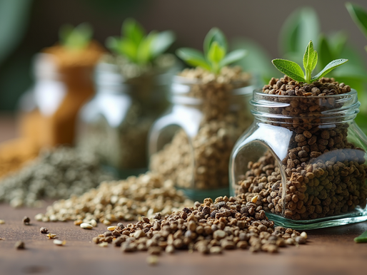 Jars of mixed herbs with small green leaves on a wooden table, surrounded by green leaves, creating a fresh, earthy ambiance.
