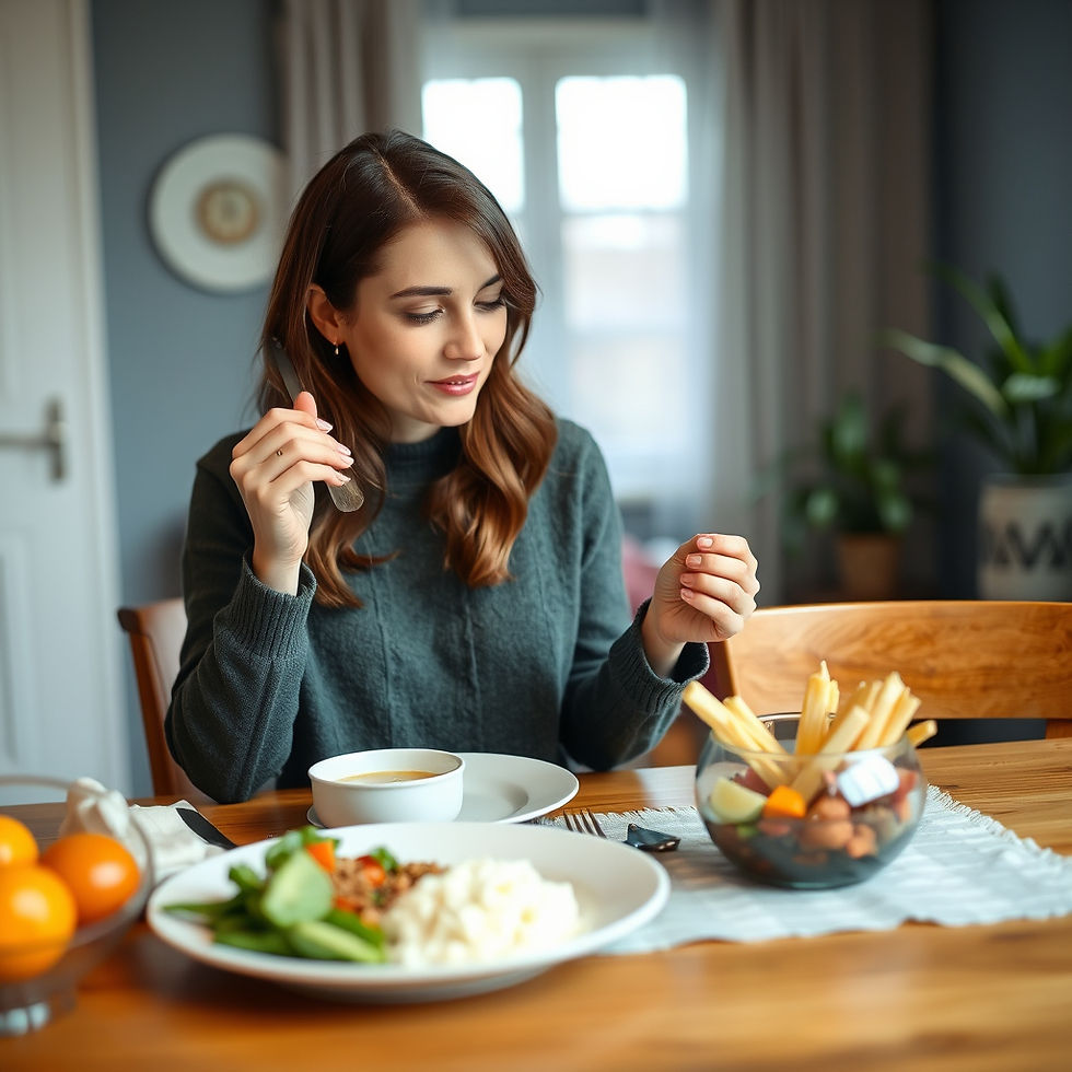 Woman with brown hair sits at a wooden table eating soup. A salad and fruit are nearby. Soft lighting creates a cozy atmosphere.