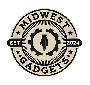 A circular logo with top and bottom text that says "Midwest Gadgets". There is a broken image of a gear and a icon centered.