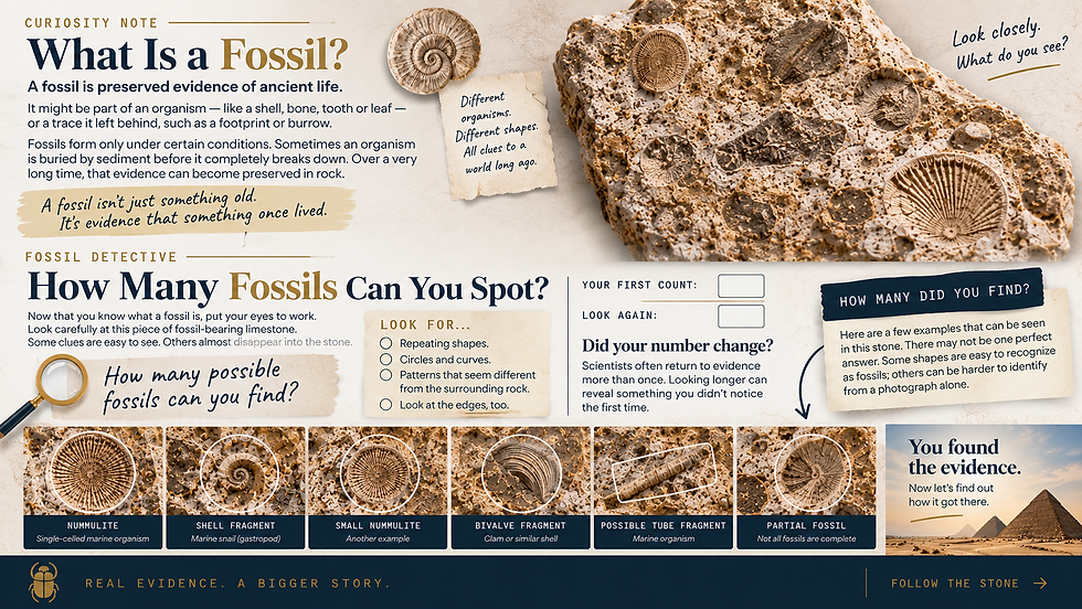Fossil detective activity showing nummulites and other fossil shapes preserved in limestone.