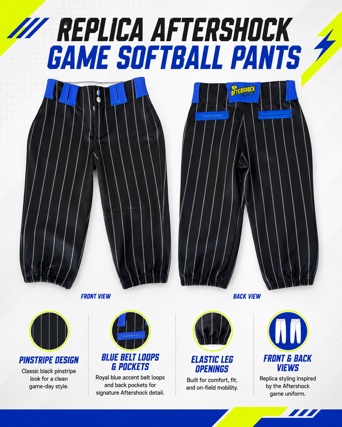 Replica Aftershock game pants- black/pinstripes, blue beltloops