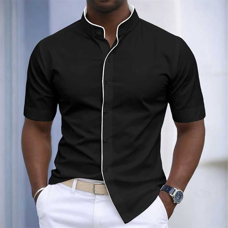 20 Colors Summer Men's Stand Collar Short Sleeve Shirt, Color Block Fashion Desi