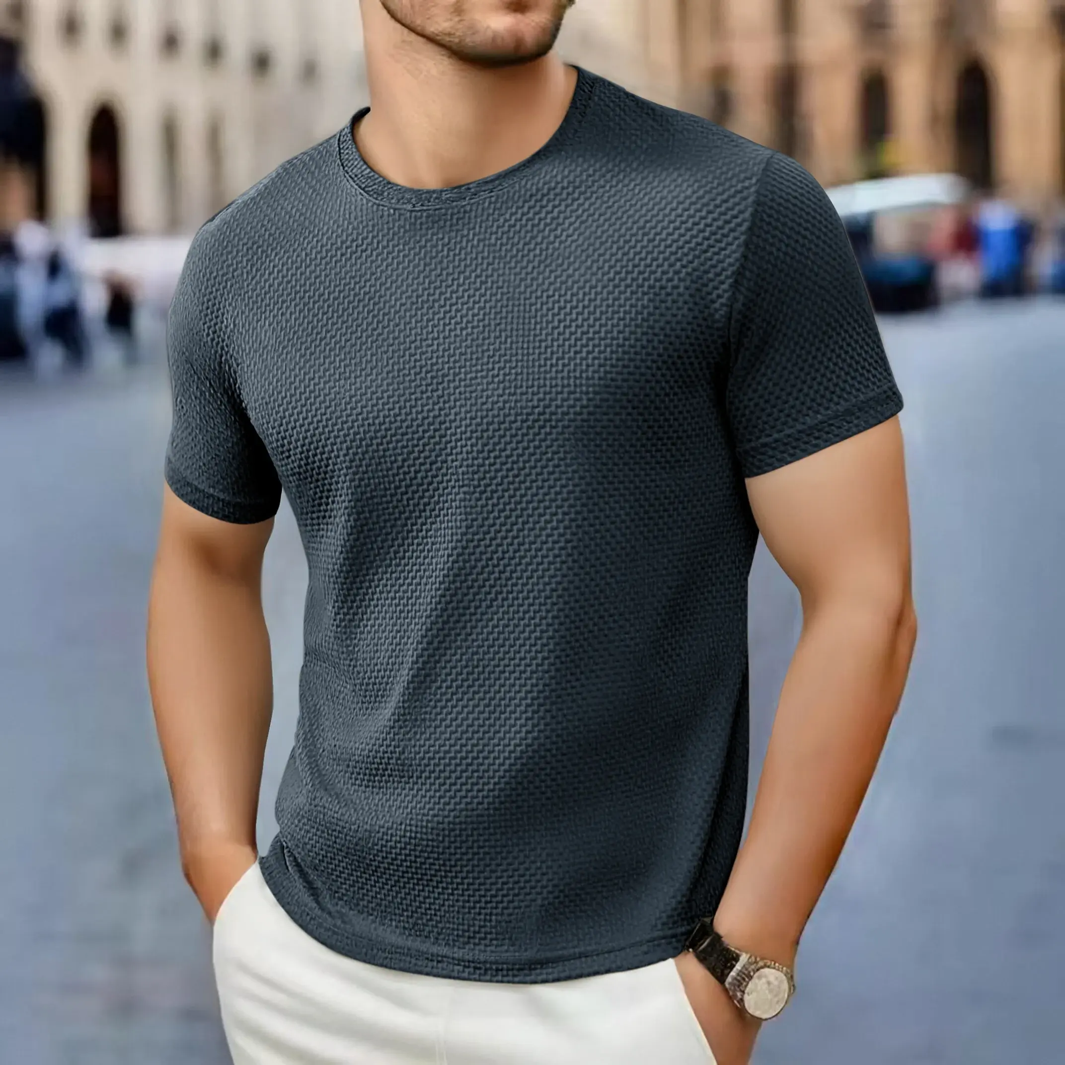 Men's Casual Short Sleeve T-shirt 2025 New Bone Flower Solid Color O-neck Fashio
