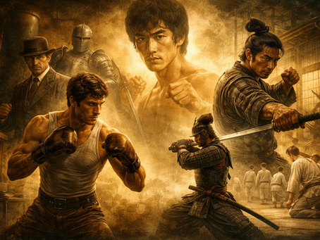 Illustration showing the contrast between Western and Eastern martial arts with boxer, knight, samurai and dojo training scene in a unified composition