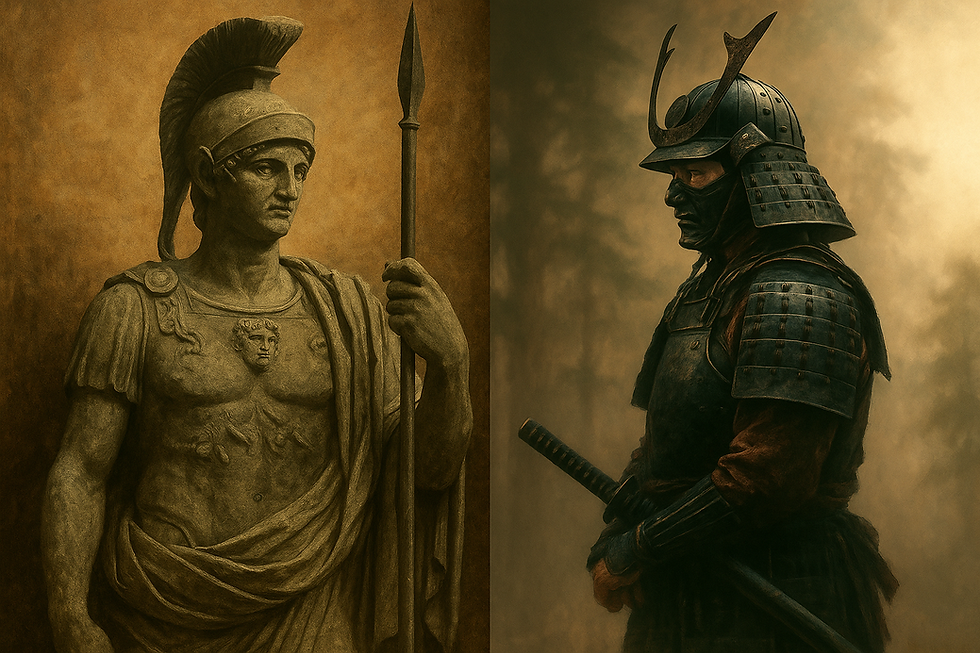 武道の起源を象徴する構図。ローマ兵と日本の侍が向かい合い、西洋の「マルス」から日本の「武道」へのつながりを表現しています。