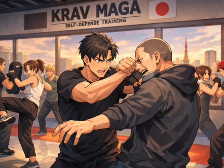 東京の道場でクラヴマガを練習する初心者クラスのアニメ風イラスト。打撃や護身術の技術をトレーニングしている様子。