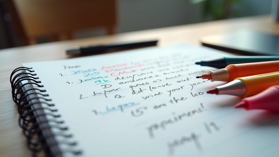 Close-up of a notebook with PNL techniques and colorful markers