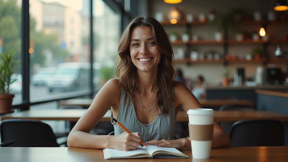 Vista frontal de una persona estudiando en un portátil con apuntes y café