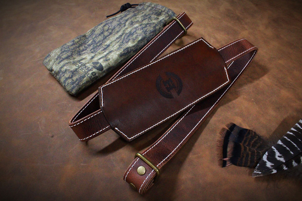 Thumbnail: Leather wild turkey toter sling with vintage turkey stamp engraving