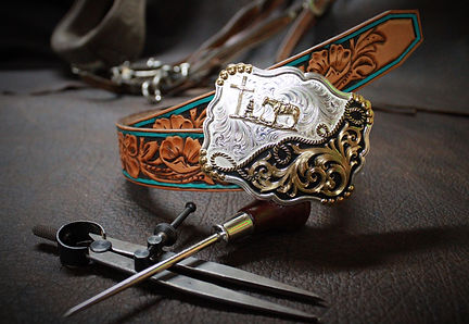hand tooled floral belt with Montanna Silver Smith belt buckle