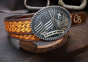 hand tooled custom leather belt with belt buckle