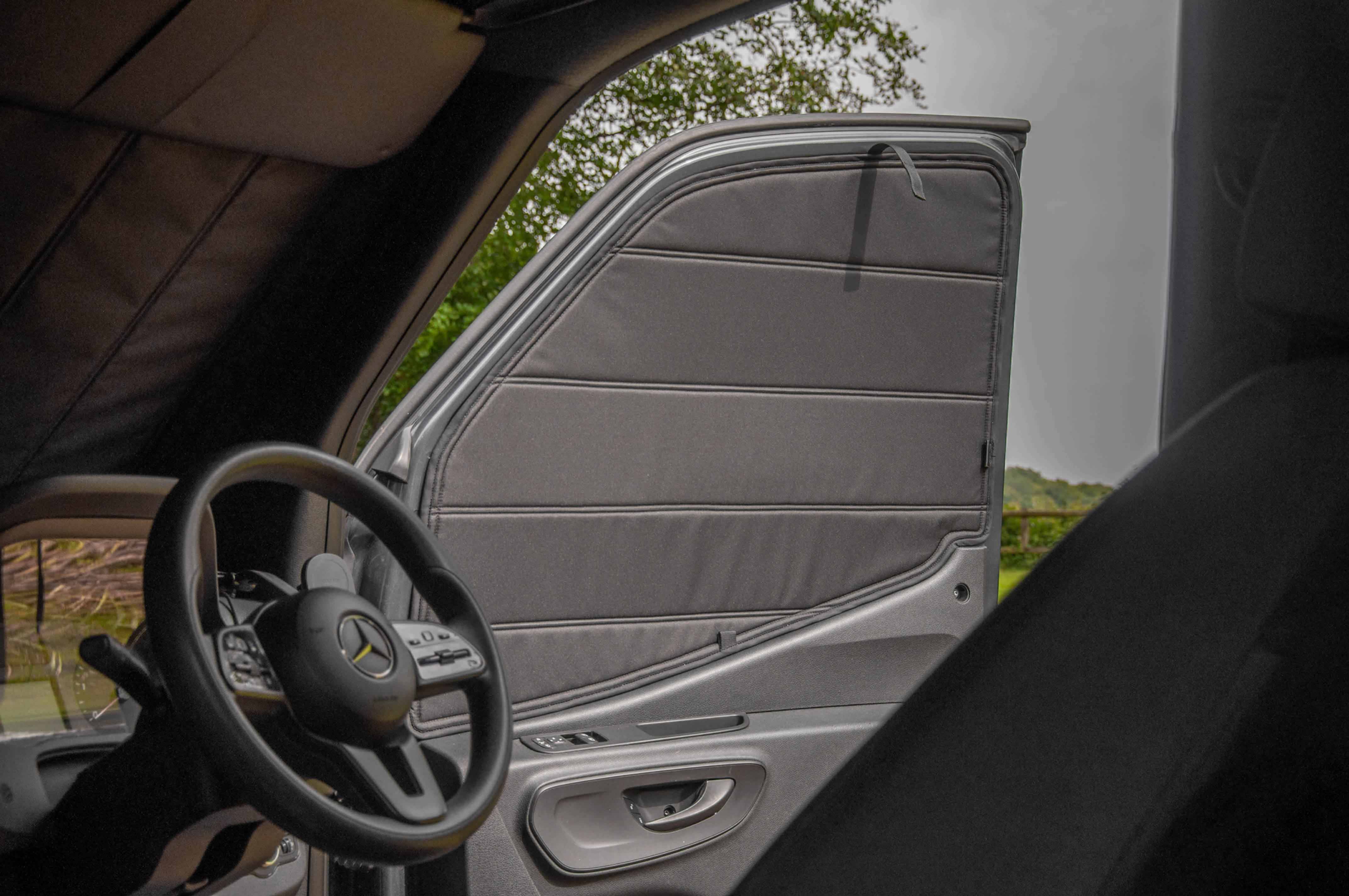 mercedes sprinter 907 campervan van window cover cab door windscreen magnetic thermal insulated internal black-out uk
